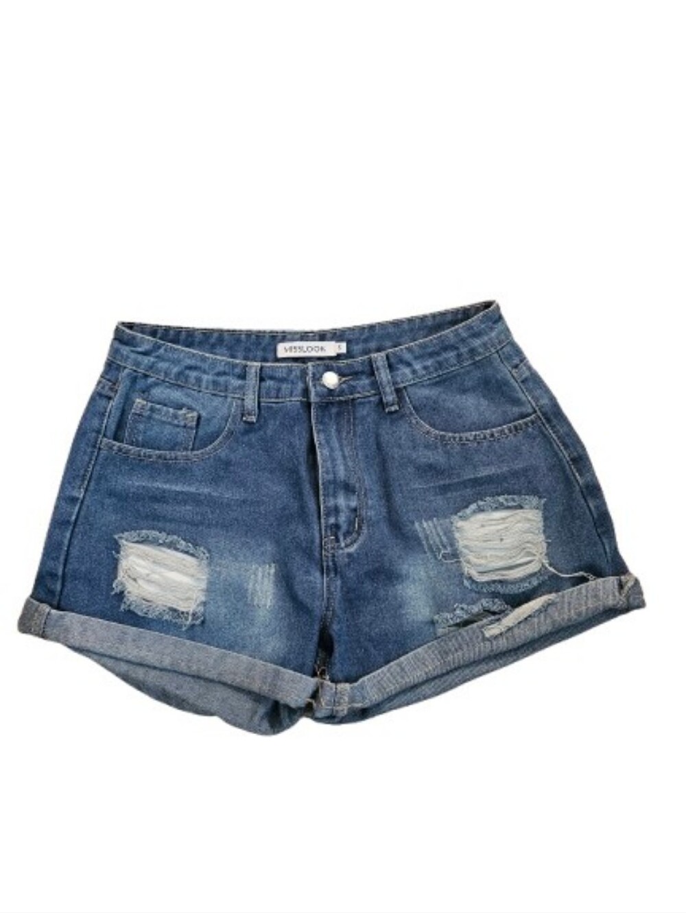 MISSLOOK Distressed Rolled Hem Denim Shorts - Blue